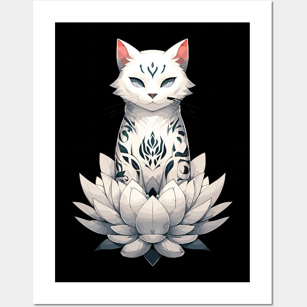 White cat with flower tattoo in lotus Wall Art by TomFrontierArt